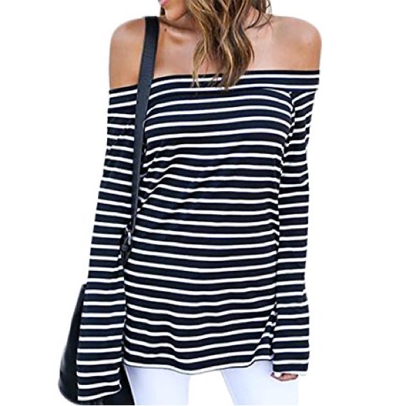 ZJCT Tops - ZJCT | Navy & White Stripe Off The Shoulder Bell Sleeve Blouse